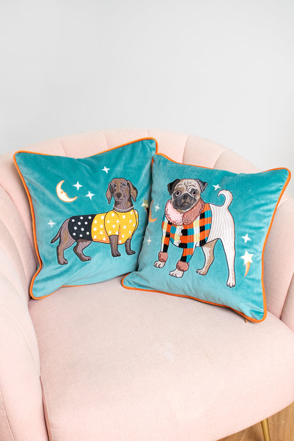 Pug Dog Embroidered Velvet Cushion Cover Karen Mabon Ltd