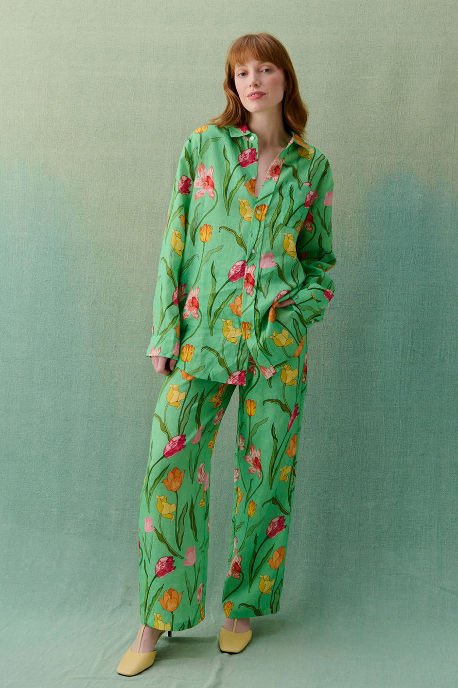 Tulips Green Linen Pyjama Set