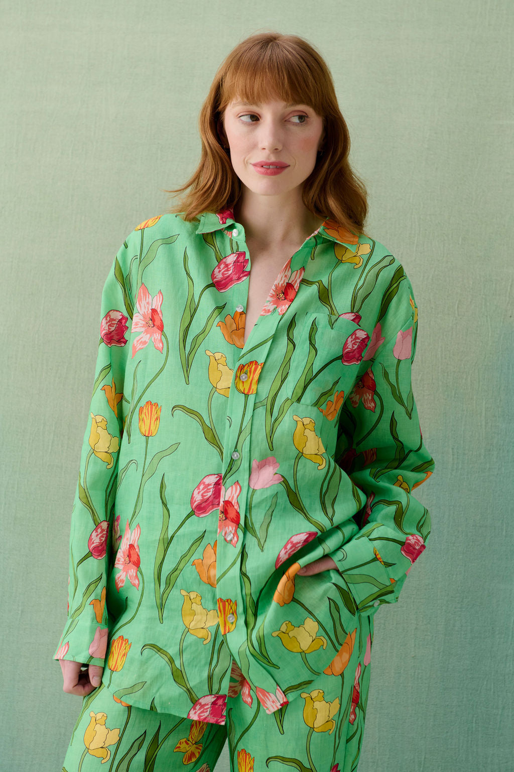 Tulips Green Linen Pyjama Set