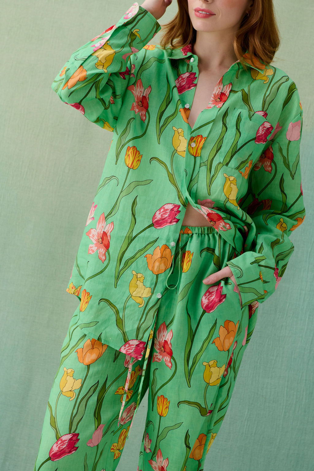 Tulips Green Linen Pyjama Set