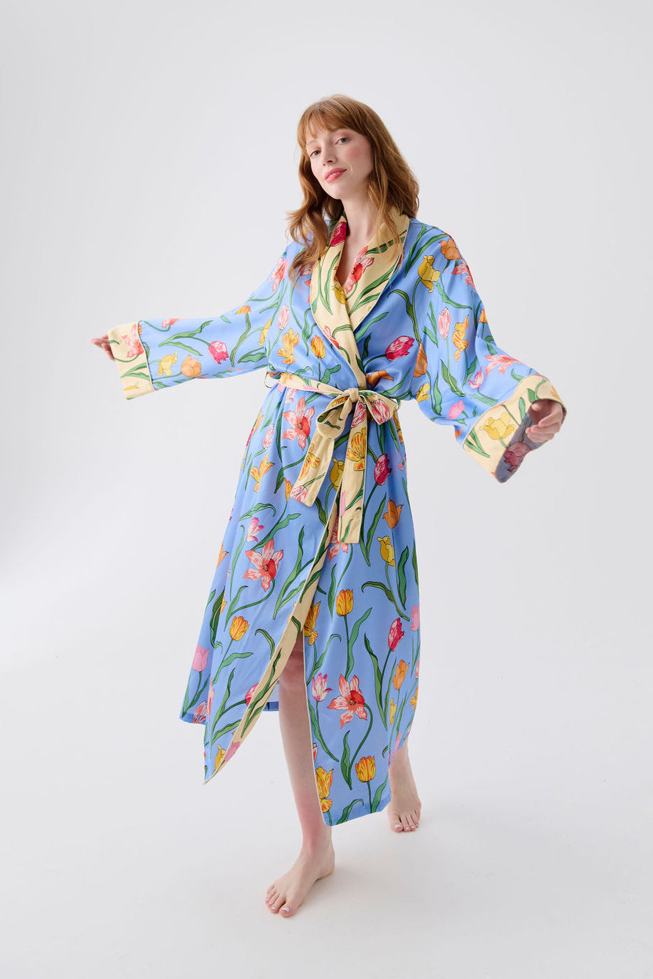 Tulips Powder Blue Silk Robe