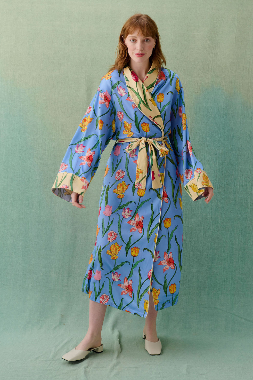 Tulips Powder Blue Silk Robe