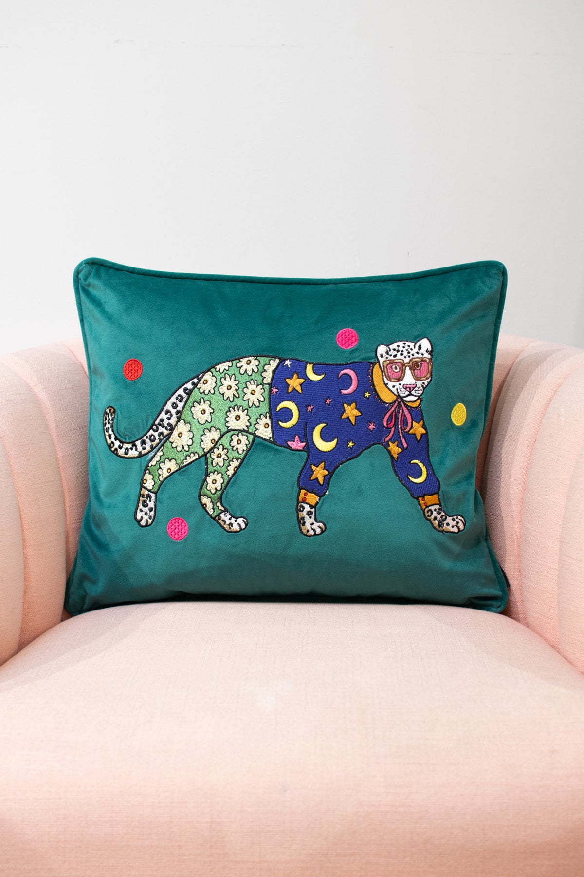 Leopard Embroidered Cushion Cover | Turquoise