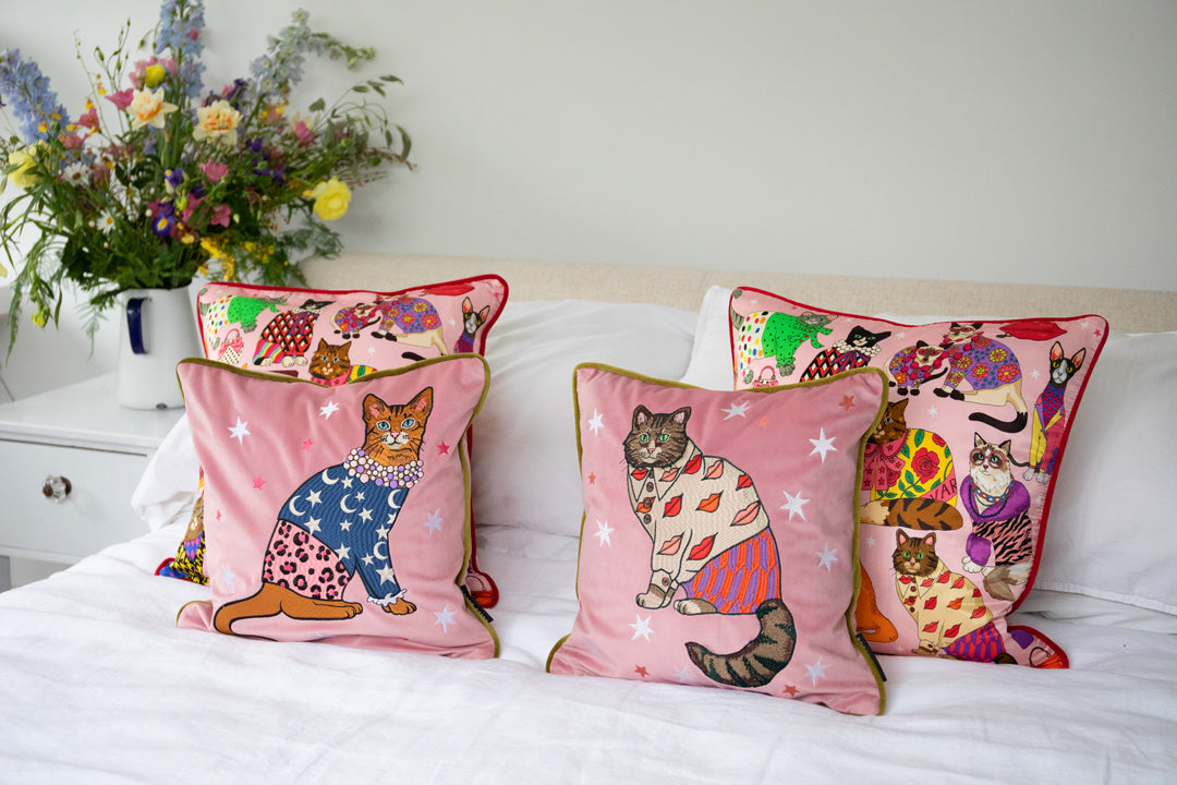 Fashion Cats Cushion Cover | Pink | Silk &amp; Cotton Blend