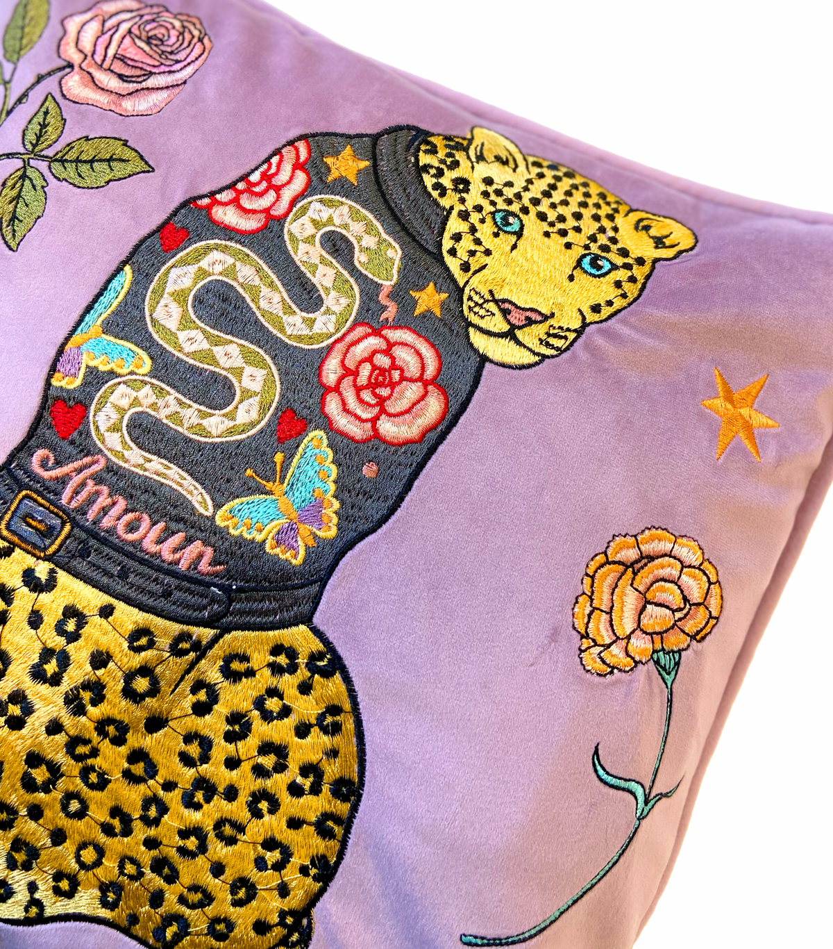 Leopards Can&#39;t Change Their Spots Embroidered Velvet Cushion Cover  |  Leather Jacket &amp; Ladybird